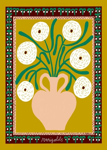 Madelen möllard, white marigolds in vase - 30x40 cm — vue 1