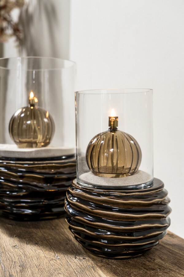 Lampe à huile ronde Elegant – verre champagne, laiton – M Ø11 cm