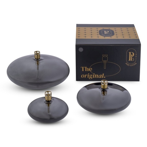 Lampe à huile galet Disc – verre fumé, laiton – S Ø10 × 5 cm