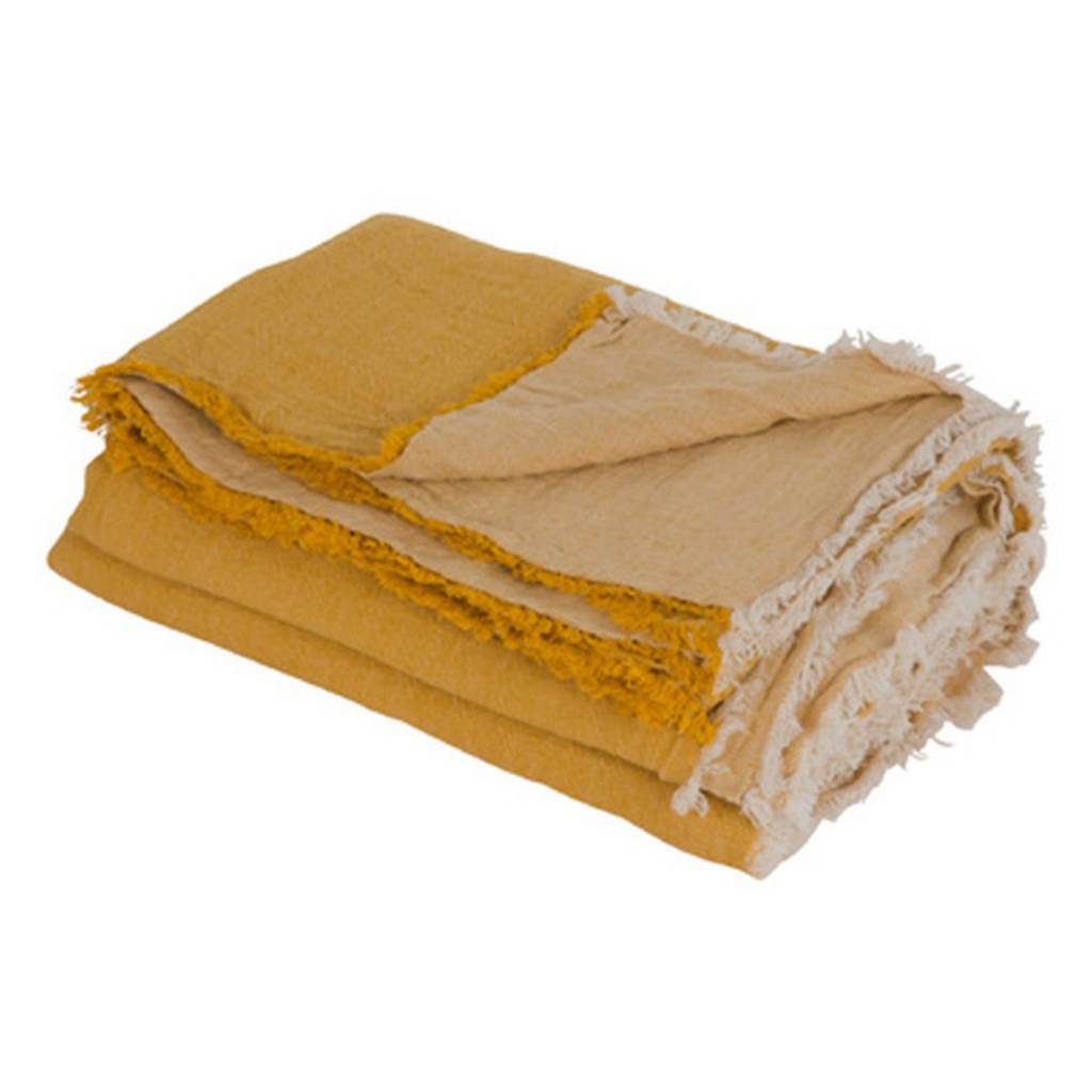 [17526OCRE] Plaid lin lavé froissé - ocre / givré - 140x250 cm