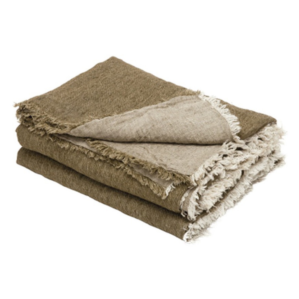 [17526KAKI] Plaid lin lavé froissé - kaki / givré - 140x250 cm