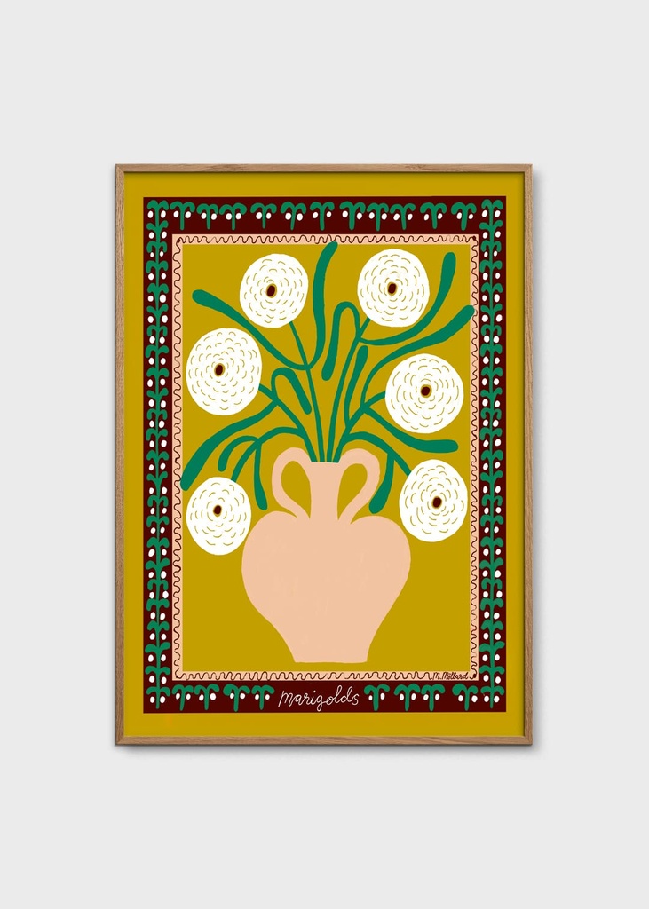 [17333-7] Madelen möllard - white marigolds in vase - 50x70 cm