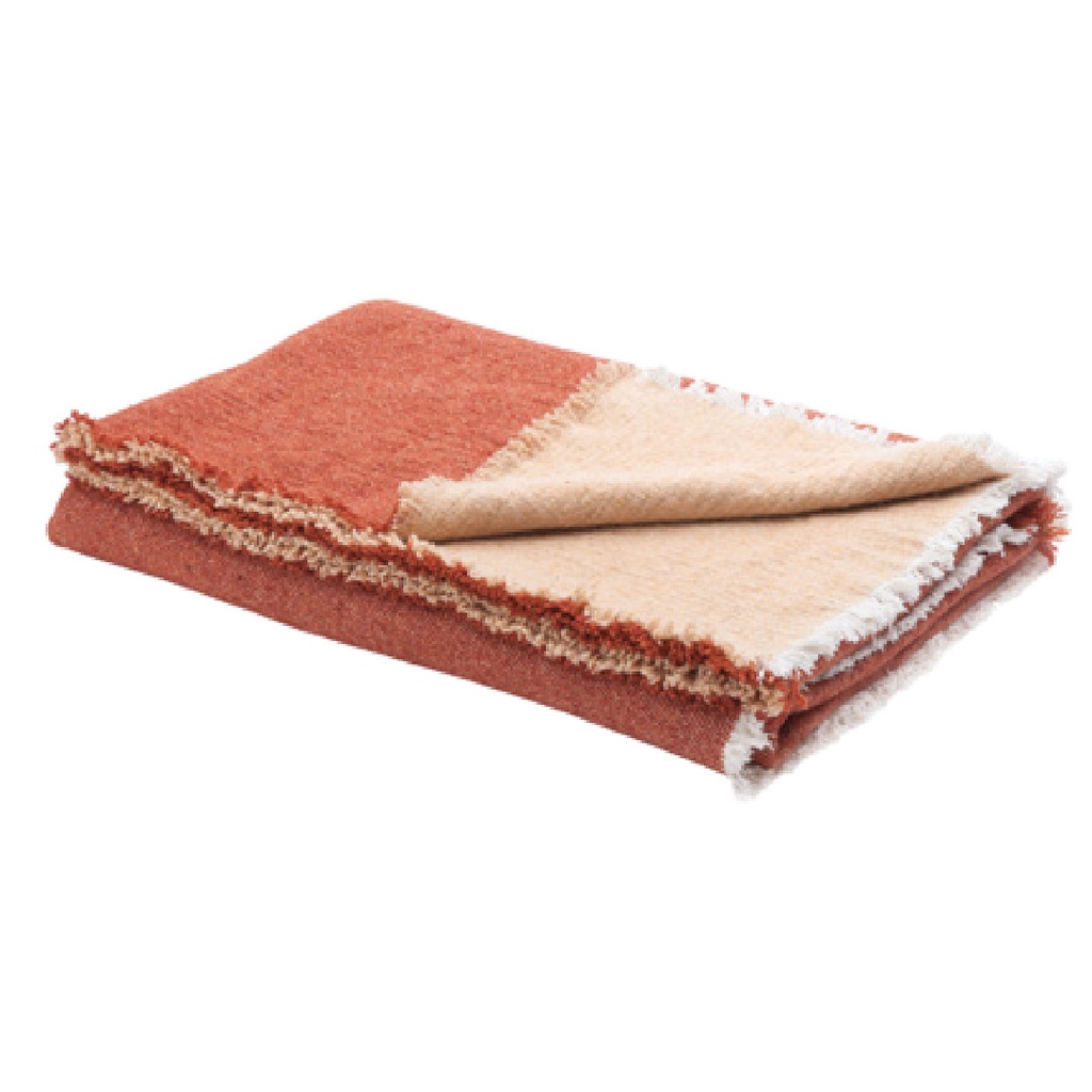 Plaid Frangé Double Face Laine Vierge & Coton - henné / melon