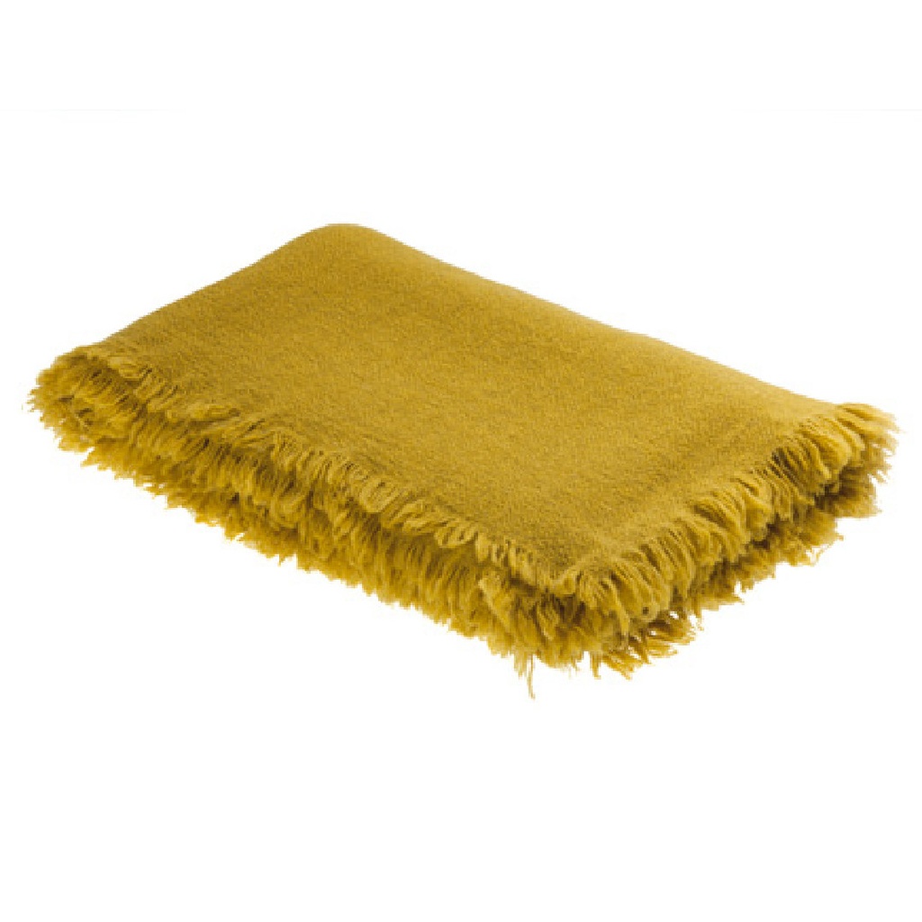 Plaid Frangé Laine Vierge Lavée - curry