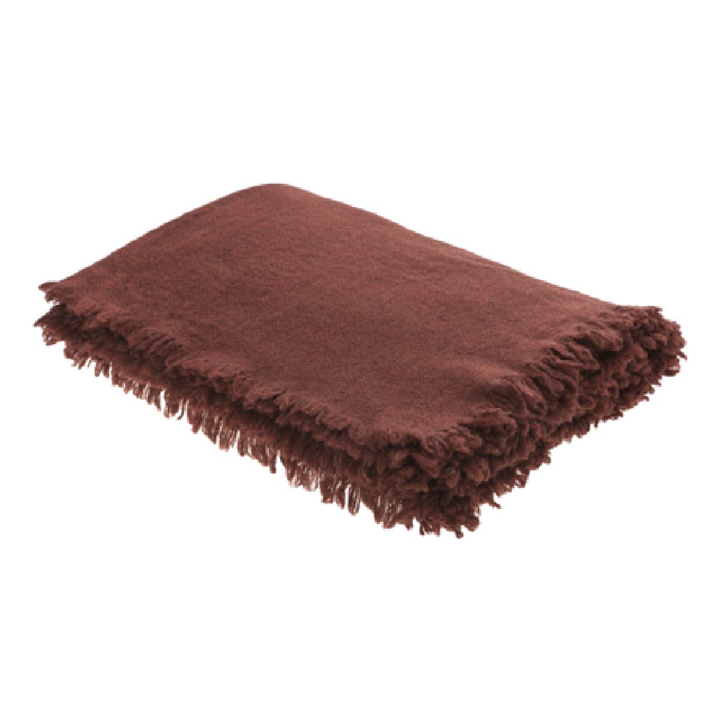 Plaid Frangé Laine Vierge Lavée - grenat