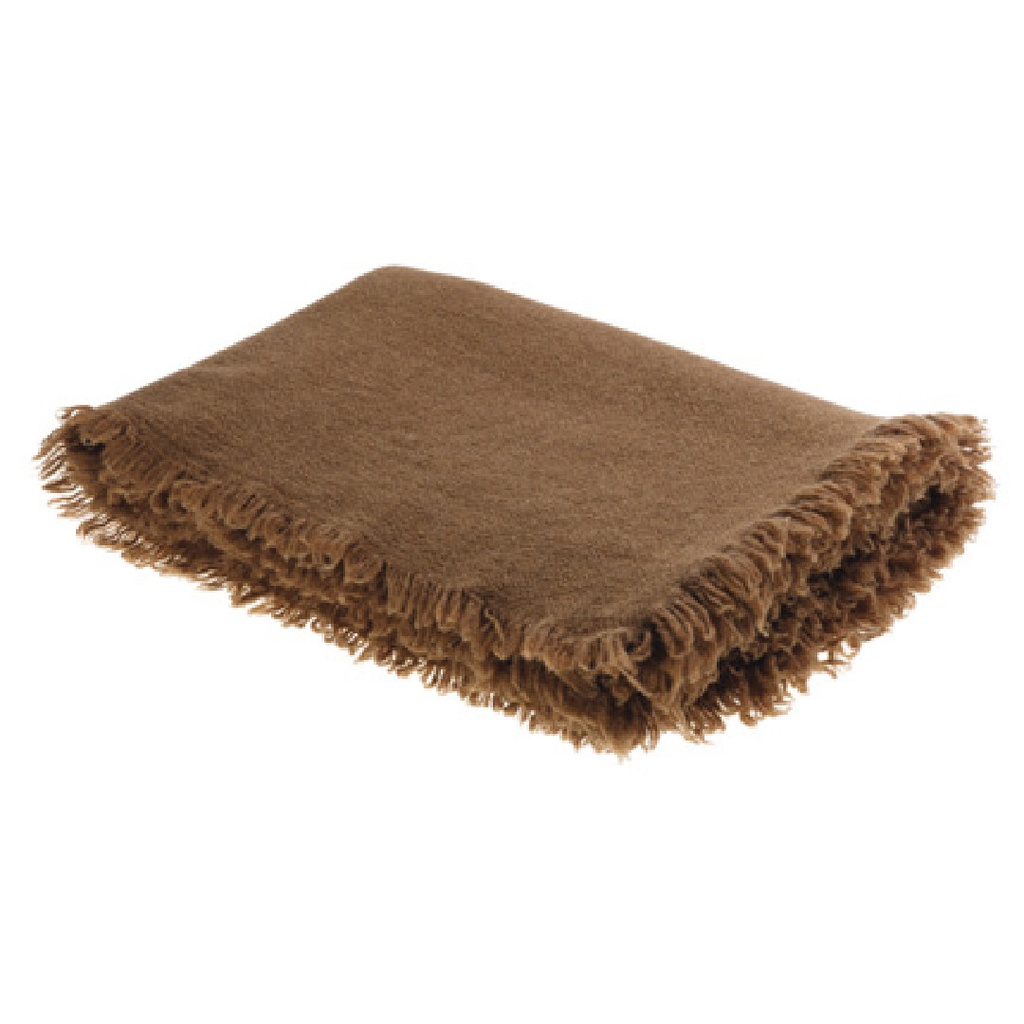 Plaid Frangé Laine Vierge Lavée - havane