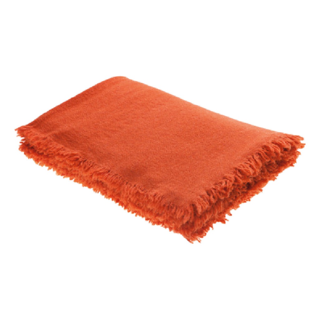 Plaid Frangé Laine Vierge Lavée - tangerine