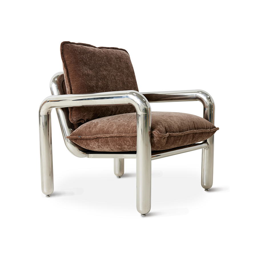 [MZM5273] Fauteuil lounge chrome, velours brun