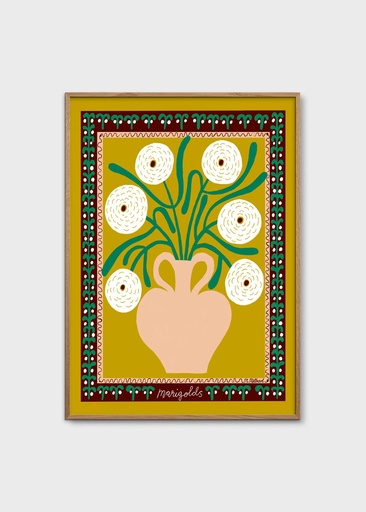 [17333-7] Madelen möllard - white marigolds in vase - 50x70 cm