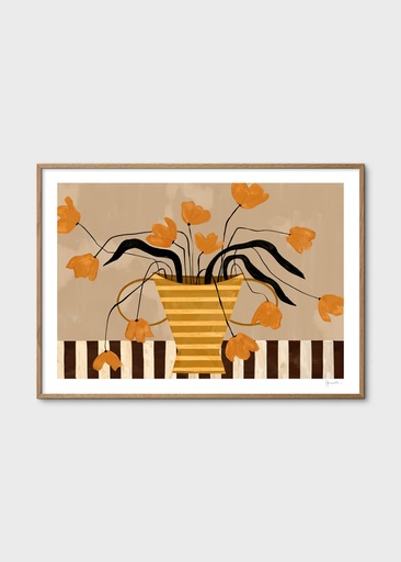 [17514-03] Frankie penwill, flowers in yellow striped vase - 30x40 cm