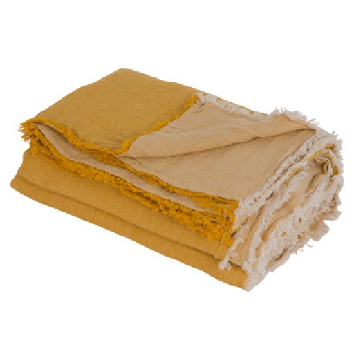[17526OCRE] Plaid Vice Versa Frangé Lin Lavé Froissé - ocre / givré