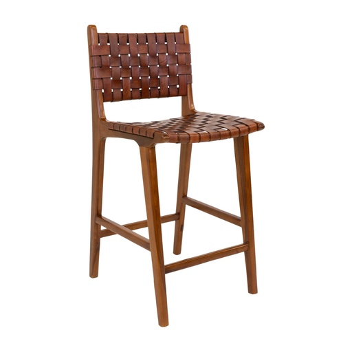[1001510] Chaise de comptoir Perugia – cuir, marron, pieds en teck